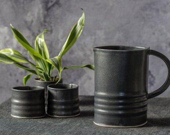 Ceramic Serving Pitcher, Pitcher Set, Black Ceramic Pitcher, Handmade Pottery Pitcher Set, Water jug Set, Black Modern Pitcher & Tumblers