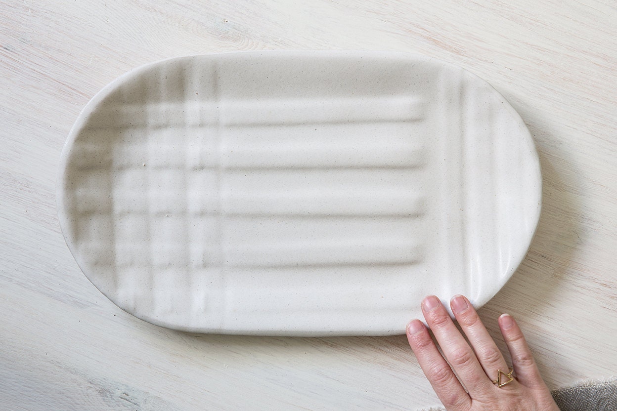 White Ceramic Oval Tray Large Flat Modern Stoneware Platter Etsy