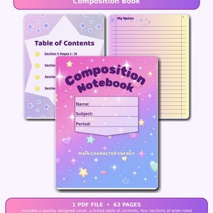 Op de afbeelding: Een Star Struck compositieboek PDF met 63 pagina's. De omslag heeft een roze en blauw verloop met sterren, hartjes en de tekst Composition Notebook, Name, Subject, Period en Main Character Energy. Inclusief een pagina met inhoudsopgave.