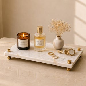 Peut inclure: Un plateau rectangulaire en marbre blanc avec quatre pieds en métal doré. Sur le plateau se trouvent une bougie en verre brun étiquetée Sandalwood, un flacon de parfum en verre transparent étiqueté Golden Hour, un petit vase crème avec des fleurs séchées, deux bagues et une montre.