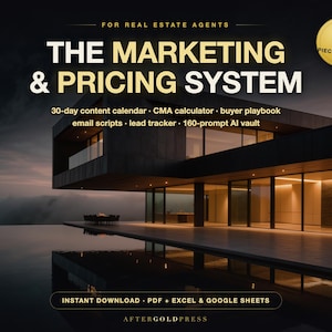 Puede incluir: Un sistema de marketing y precios para agentes inmobiliarios que incluye un conjunto de 9 piezas con calendario de contenido de 30 días, calculadora CMA, manual del comprador, guiones de correo, seguimiento de clientes y 160 prompts de IA en PDF.