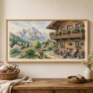 May include: A cross-stitch embroidery depicting a wooden alpine house with a balcony filled with flowers, set against a backdrop of snow-capped mountains. A small garden gnome stands on a path near a watering can, with a bench and table on the patio.