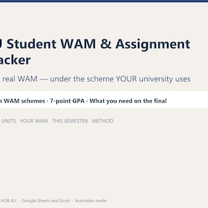 Puede incluir: Una plantilla de hoja de cálculo digital titulada AU Student WAM & Assignment Tracker. Incluye texto sobre esquemas WAM, un GPA de 7 puntos y requisitos para exámenes finales. La interfaz contiene cuatro pestañas: UNITS, YOUR WAM, THIS SEMESTER, METHOD.