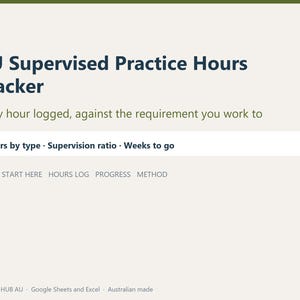 May include: A digital AU Supervised Practice Hours Tracker spreadsheet interface with a dark blue logo, title text, and subheadings including Hours by type, Supervision ratio, and Weeks to go, plus four navigation tabs: START HERE, HOURS LOG, PROGRESS, METHOD.