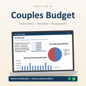 Peut inclure: Un tableur numérique Couples Budget affiché sur un écran d'ordinateur portable, présentant un tableau de bord avec des données financières, un graphique circulaire intitulé Fair split (proportional) et un graphique à barres. Texte inclus.