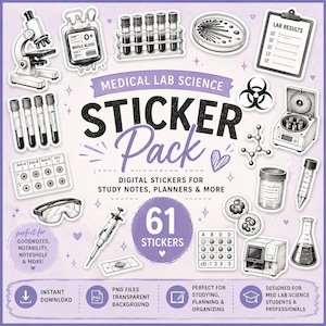 Puede incluir: Un paquete de pegatinas digitales con 61 ilustraciones de ciencia de laboratorio médico, incluyendo un microscopio, bolsa de sangre, tubos de ensayo, placa de Petri, portapapeles de resultados, centrífuga, jeringa y varios equipos de laboratorio sobre un fondo morado claro.