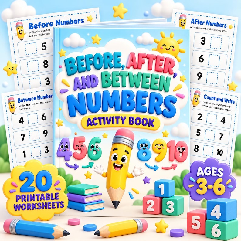 Activity Book Design Math Before, After, Between Numbers Activity Book | Preschool Math ...