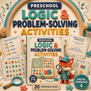 Può includere: Un set di attività di logica e risoluzione di problemi per bambini in età prescolare con una volpe, una lente d'ingrandimento e pagine stampabili. La copertina riporta il testo Preschool Logic & Problem-Solving Activities, Ages 3-6 e 20 Printable Pages.