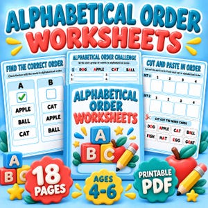 Puede incluir: Hojas de trabajo educativas tituladas Alphabetical Order Worksheets con ejercicios como Find the Correct Order, Alphabetical Order Challenge y Cut and Paste in Order. Incluye 18 páginas en formato PDF imprimible para edades 4-6 con bloques ABC.