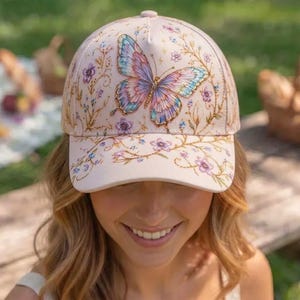 Gorra de béisbol bordada para mujer, gorro de mariposa, gorra con bordado floral, gorro rosa estilo cottagecore, gorra con flores de jardín, regalo para ella.