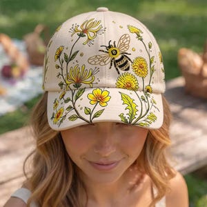 Blommig basebollkeps för kvinnor, vildblommig hatt, botanisk trädgårdskeps, sommarhatt med cottagecore-motiv, present till naturälskare