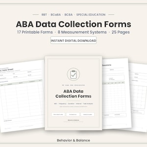 Pode incluir: Um conjunto de formulários imprimíveis de coleta de dados ABA com 17 formulários, 8 sistemas de medição e 25 páginas. Os documentos incluem uma folha de dados ABC, registros de sessões e grades de análise de tarefas em papel branco.