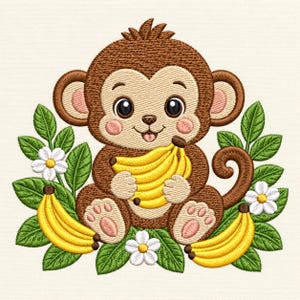 Peut inclure: Un motif de broderie représentant un singe marron au visage beige clair, tenant une grappe de bananes jaunes. Le singe est entouré de feuilles vertes, de fleurs blanches à cœur jaune et de deux bananes jaunes supplémentaires à la base.