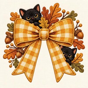 Disegno per ricamo autunnale con fiocco a quadretti, gattini neri, foglie di quercia e ghiande, grazioso file digitale per ricamo a macchina autunnale.