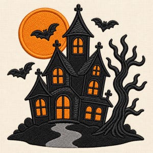 May include: An embroidered design featuring a black haunted house with glowing orange windows, a large orange moon, three black bats, and a bare, twisted black tree. A gray path leads to the house, all set against a light cream fabric background.