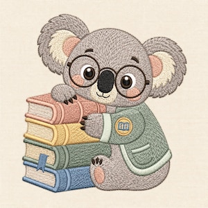 May include: An embroidery design of a gray koala wearing round brown glasses and a sage green cardigan with a small book patch on the sleeve. The koala is leaning on a stack of four books in shades of pink, yellow, sage green, and blue.