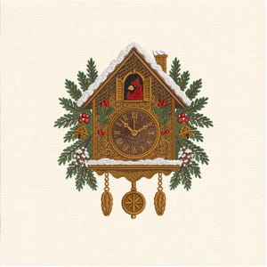 May include: An embroidered cuckoo clock design featuring a brown wooden house with a snow-covered roof, a red cardinal in a window, a central clock face with Roman numerals, green pine branches, red berries, gold bells, and hanging pinecone weights.