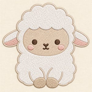 May include: An embroidered patch of a white sheep with a tan face, dark brown eyes, and small pink cheeks. The sheep has a fluffy white wool texture, two ears with pink inner details, and two small tan hooves visible at the bottom of the design.