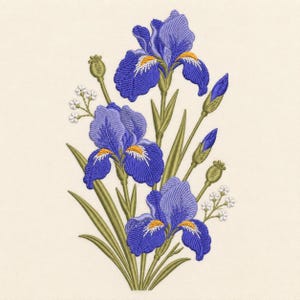 May include: An embroidery design featuring three vibrant blue iris flowers with yellow and white accents on the petals. The composition includes long green stems, pointed leaves, several closed flower buds, and small clusters of white blossoms.