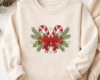 Candy Cane Christmas Bow Embroidery Design, Holiday Greenery Holly Wreath Machine Embroidery Digital File