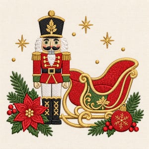 Broderidesign med nötknäppare till jul, leksakssoldat med röd släde, julstjärna och ornament, traditionell maskinbroderifil, digital