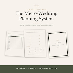 May include: The Micro-Wedding Planning System for 20 to 50 guests is a 28-page, 4-file print-ready PDF set. It includes a budget planner, guest list, vendor tracker, run of show, and printables, featuring a clean layout with black text on cream.