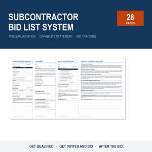 Subcontractor Bid List System | Capability Statement, GC Prequalification, Bid Tracker | 28-Page Printable Contractor Forms