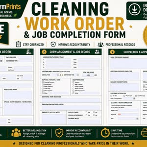 Könnte beinhalten: Ein dreiseitiges, ausfüllbares PDF-Formular für Reinigungsaufträge und Arbeitsnachweise. Das Dokument enthält Abschnitte für Auftragsdetails, Teameinteilung, Arbeitsberichte sowie Abnahme- und Genehmigungsfelder für Kunden und Personal.
