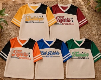 Camiseta de fútbol americano universitaria personalizada de los 90, camiseta de malla retro vintage para el día del partido, camiseta personalizada con la mascota de la escuela