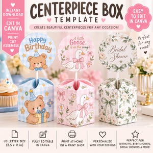 Puede incluir: Una plantilla digital para caja de centro de mesa con tres diseños: un oso sobre cuadros vichy azules, una oca sobre cuadros vichy rosas con el texto A little Goose is on the way, y un patrón floral con el texto Bridal Shower. Tamaño carta EE. UU. 8.5 x 11 pulg.