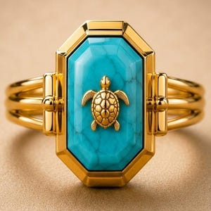 Op de afbeelding: Een gouden ring met een grote, achthoekige, helderblauwe turkoois steen met zichtbare aders. Een klein, gedetailleerd gouden zeeschildpad-embleem is in het midden van de steen geplaatst. De ringband bestaat uit drie parallelle gouden draden.