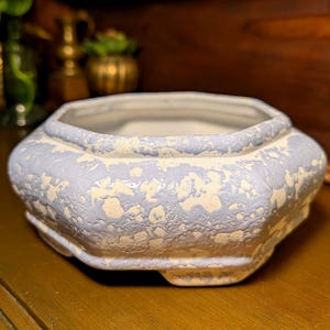 May include: A low, octagonal ceramic planter featuring a textured, mottled finish in shades of light periwinkle blue and off-white. The vessel has a wide, open top and a smooth white interior, resting on small, integrated feet at the base.