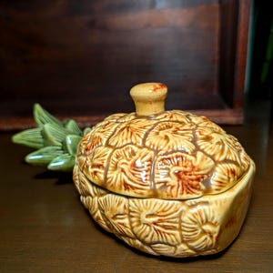 Vintage 1970s Ceramic Pineapple Trinket Box, Signed Hobby Pottery Covered Dish, Tropical Decor