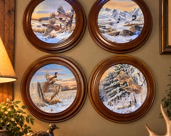 Vintage W.S. George On Golden Wings Collector Plates Set of 4 Framed Bird Wildlife Art Rustic Cabin Lodge Wall Decor Wilhelm Goebel