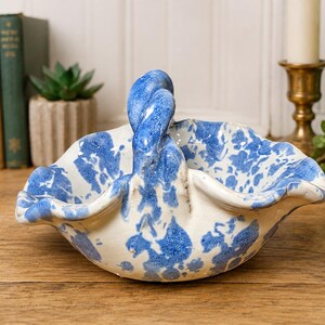 Vintage Artist Signed Studio Pottery Basket, Blue White Ceramic Bowl, Ruffled Edge Twisted Handle, Cottagecore Decorative Pottery