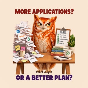 May include: An orange owl stands behind a wooden desk with a large stack of papers labelled APPLY and job site logos. A clipboard reads PLAN with a checklist. A stack of books labelled RESEARCH, TAILOR, APPLY SMART, TRACK, INTERVIEWS sits nearby.