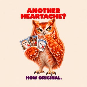 Op de afbeelding: Een grafische illustratie van een oranje uil met een strenge uitdrukking die drie kleine polaroid-achtige foto's van andere uilen vasthoudt, elk met een klein rood vlaggetje. De tekst "ANOTHER HEARTACHE?" staat erboven en "HOW ORIGINAL." eronder.