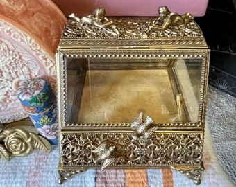 Stunning vintage gilt ormolu jewelry box...ormolu jewelry casket...detailed openwork gold and glass box...boho chic...Hollywood Regency.