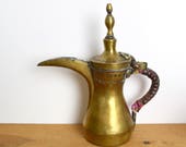 Vintage to antique brass Dallah Arabic coffee pot engraved brass Dallah etched brass Dallah Middle Eastern Dallah signed.