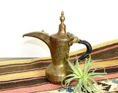 Vintage etched brass Dallah Arabic coffee pot engraved brass Dallah signed Amman, Jordan 1990 historical relevance in description.