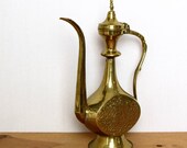 Vintage brass ewer engraved brass aftaba Middle Eastern signed.