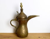 Vintage to antique brass Dallah Arabic coffee pot large brass Dallah brass Dallah Middle Eastern Dallah signed.