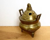Vintage brass censer Chinese brass incense burner etched brass incense burner foo dog finial signed.