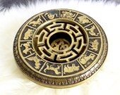 Vintage brass zodiac censer Asian brass incense burner potpourri bowl with foo dog or lion feet singed good fortune Feng shui.
