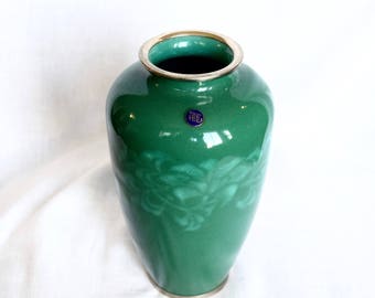 ヴィンテージ安藤七宝七宝花瓶：緑釉牡丹模様 - Etsy 日本