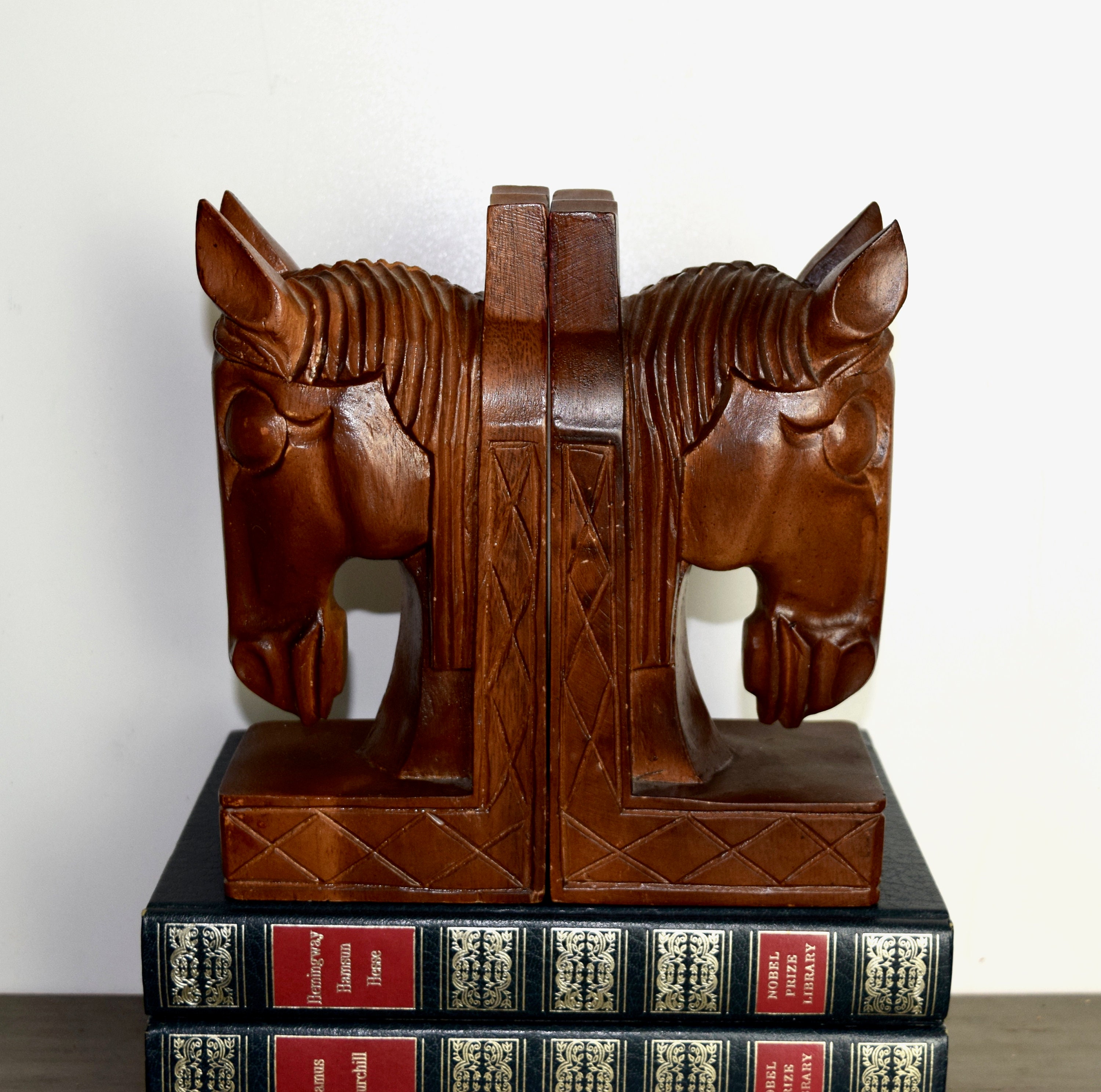 Vintage wood horse bookendscarved wood horse head Etsy