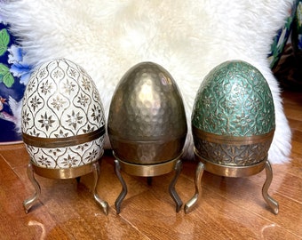 Vintage large brass egg on stand...brass egg box...enameled brass egg...pick one.