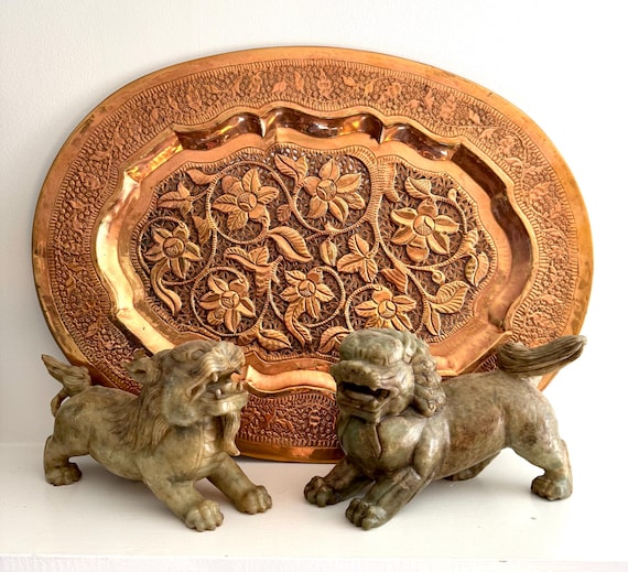 Vintage Pierced Copper Tray - Large Floral Openwork, 23" Oval