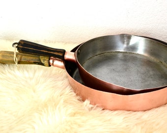 Almost antique Revere copper pans with wood handles...copper sauté pans, frying pans, skillets with tin inside...