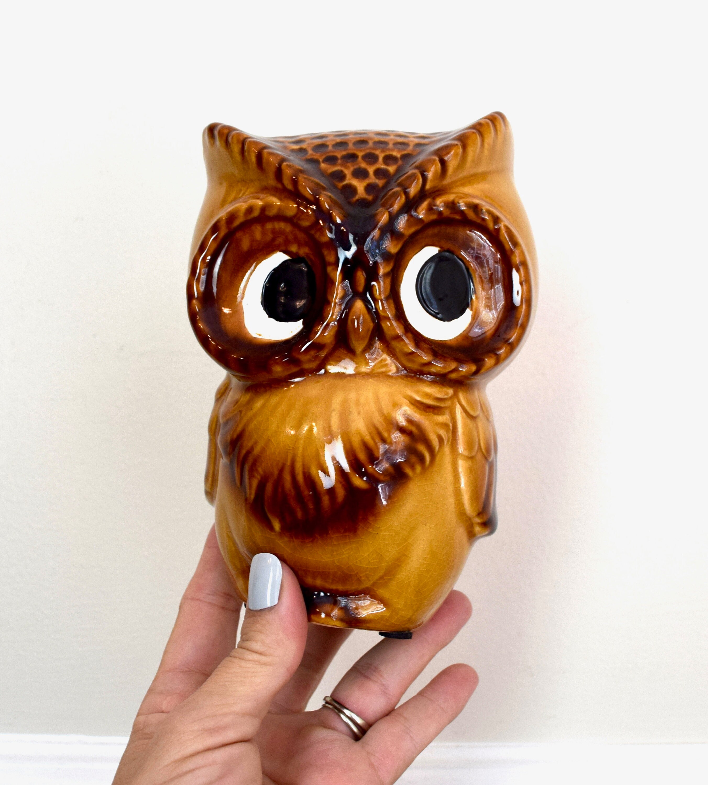 Coin Bank Decor New Brown OWL CERAMIC GLOSSY Industrial Retro PIGGY Bank 